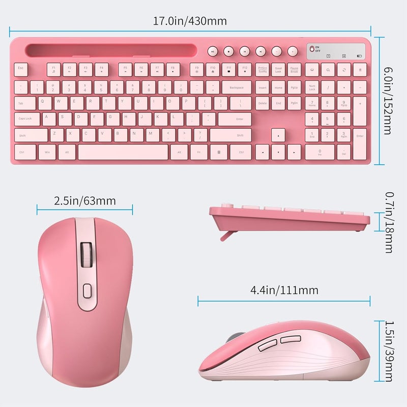 MARVO Wireless Keyboard and Mouse Combo, 2.4G Ergonomic Wireless Computer Keyboard with Phone Tablet Holder, Silent Mouse with 6 Button, Compatible with MacBook, Windows (Sakura Pink) - Image 4